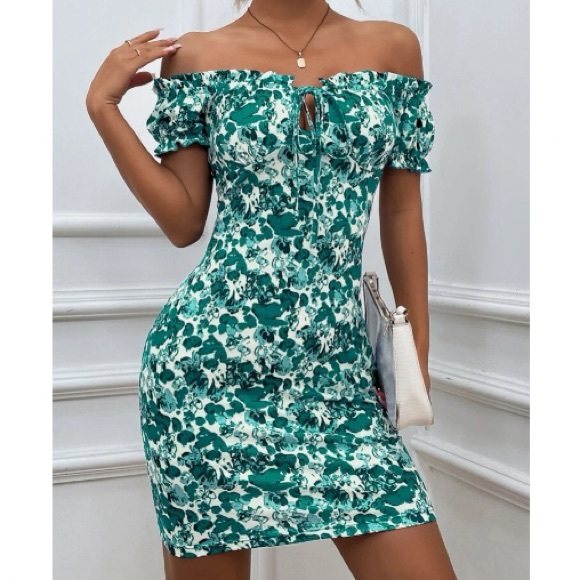 Boho green Floral Print Off Shoulder Bodycon Dress - Picture 2 of 16